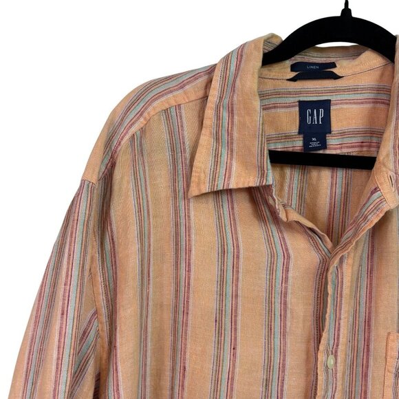 Gap Men's 100% Linen Striped Orange Vibrant Button Down Shirt Size XL - Picture 2 of 11